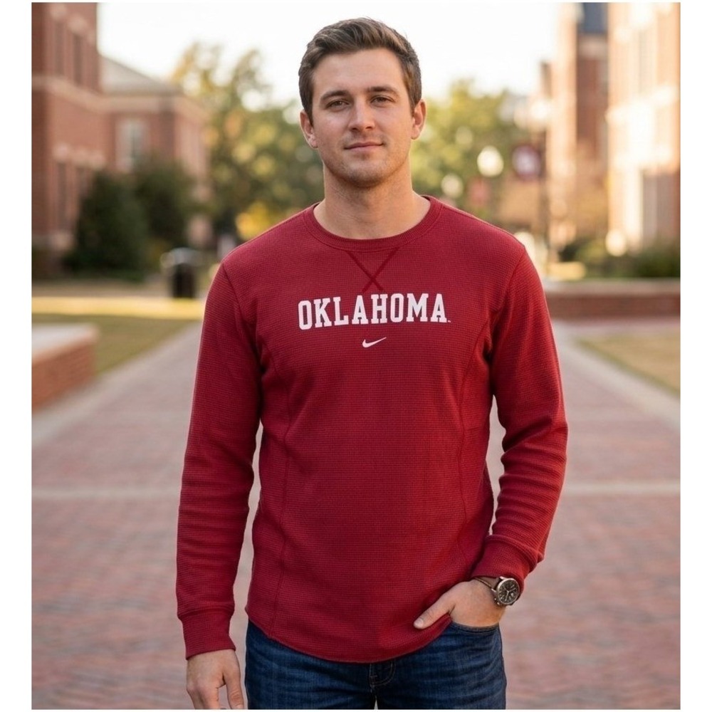 Nike Oklahoma Sooners Thermal Long Sleeve Shirt Mens L Red Waffle Knit Graphic